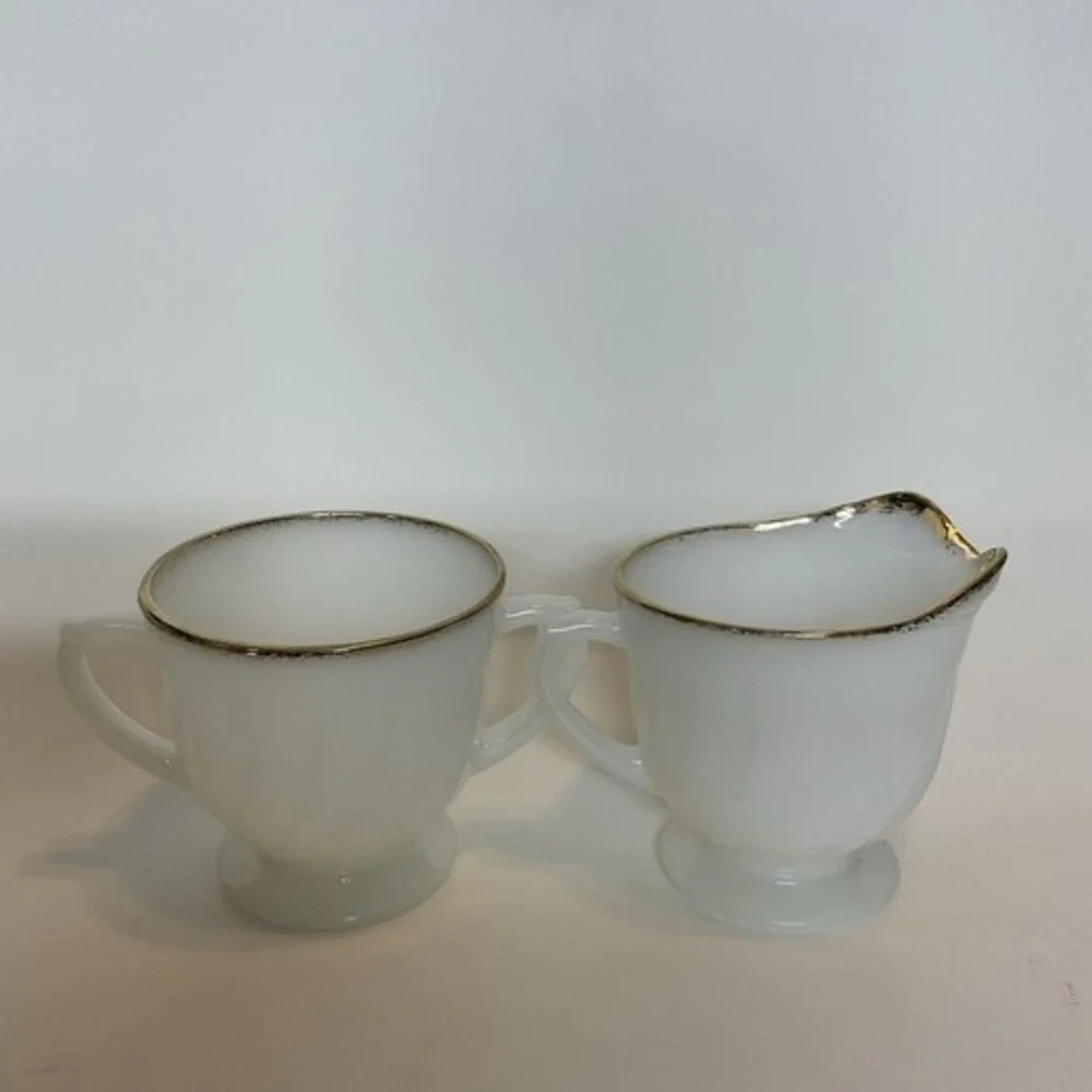 VTG Anchor Hocking White Oven Fire King Milk/Creamer & Sugar Cup Set USA Glass